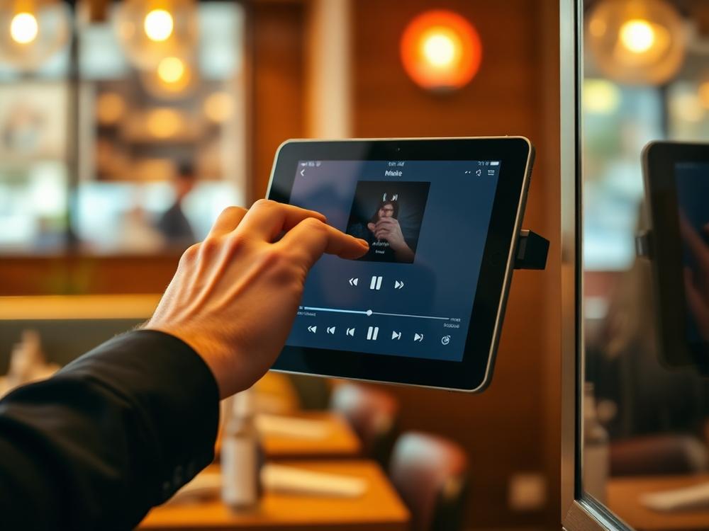 Person passt die Musiksteuerung auf einem Tablet an