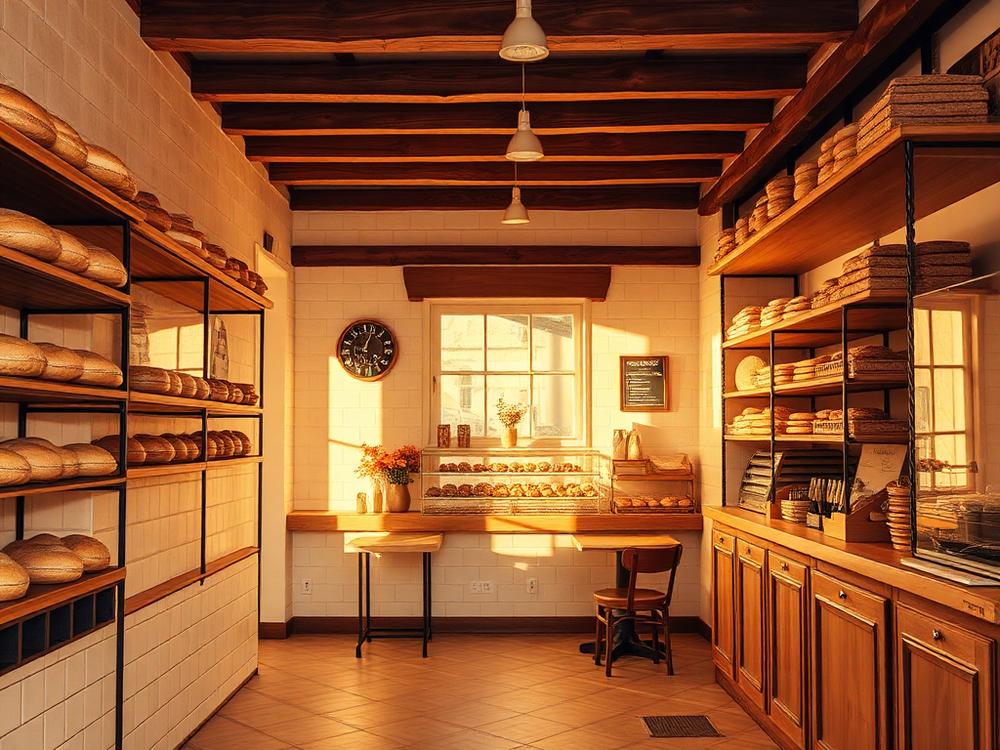Handwerksbäckerei mit kleinem Sitzbereich im Morgenlicht