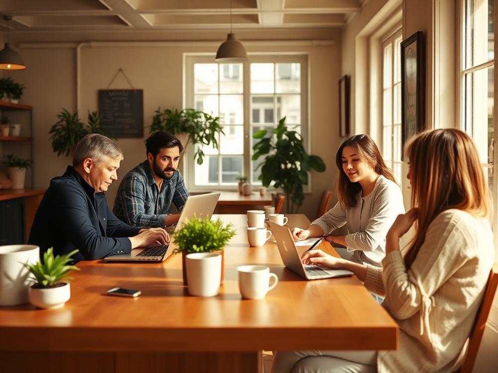 Helles Tagescafé mit Gästen, die sich unterhalten und arbeiten