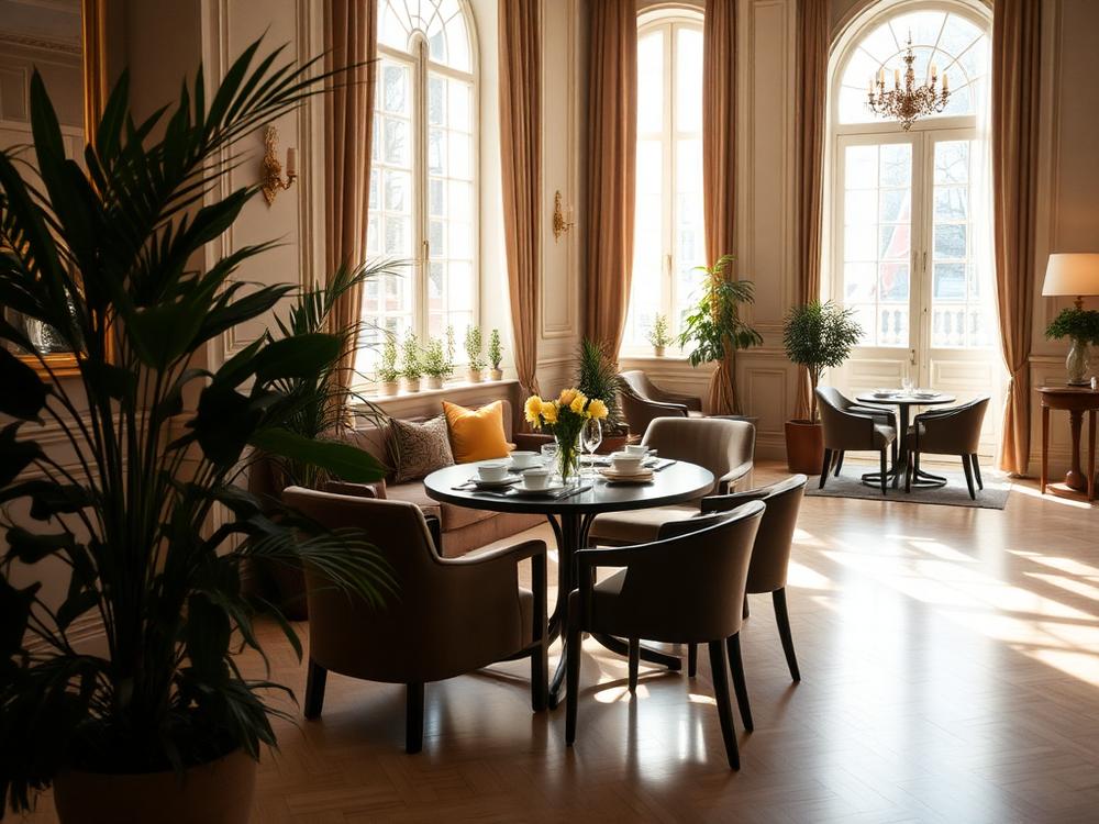 Gepflegter Hotel-Frühstücks- und Lobbybereich am Morgen